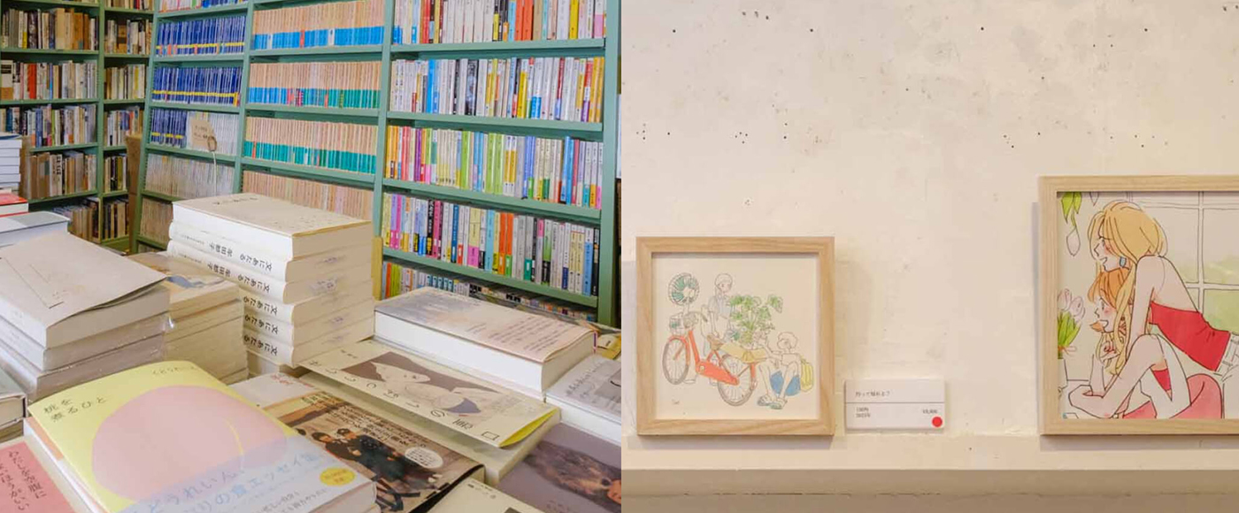 ZINEやリトルプレスがそろう新書のコーナー、「牛久保雅美 個展 アンニュイビーチ」を開催中の店内