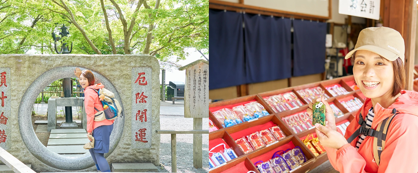願叶輪潜（ねがいかなうわくぐり）をくぐろうとするかほさん、お守り売り場で天狗があしらわれたお守りを手に取るかほさん